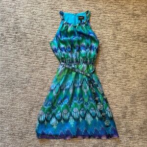 Laundry by Sheli Segal Halter Ikat Print Tye Dye Keyhole Midi Chiffon Dress